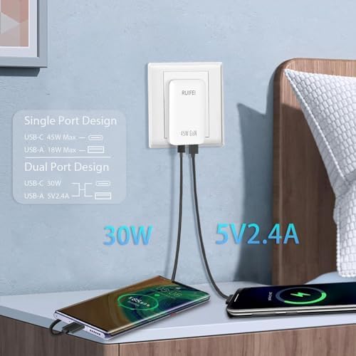 Rapid Charge 45 W Dual-Port USB-C Travel Wall Charger – Efficient, Compact Power Adapter with Power Delivery 3.0 for i Phone 16/15, i Pad Air, Galaxy S24/S23 – Ultimate Solution for Quick Dual Device Charging on the Go