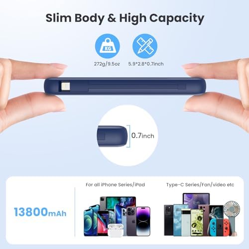 Ultimate USB C Power Bank with Dual Built-in Cables & AC Wall Plug – 13,800 m Ah Fast Charging Powerhouse for i Phone 16/15, Galaxy S23, Tablets – Compact LED Display, Universal Compatibility for On-the-Go Power Solutions