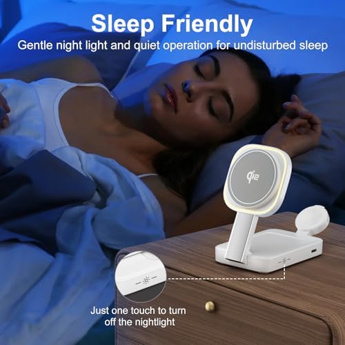 Revolutionize Your Charging Routine with the 3-in-1 Magnetic Wireless Charger Station for Apple Devices – Foldable Design, Integrated Night Lamp, and Mag Safe Compatibility for i Phone 16/16 Pro/16 Pro Max/15/14/13/12, Air Pods, and Apple Watch (Sleek Black Finish) – Ultimate Convenience and Enhanced Speed for Modern Users