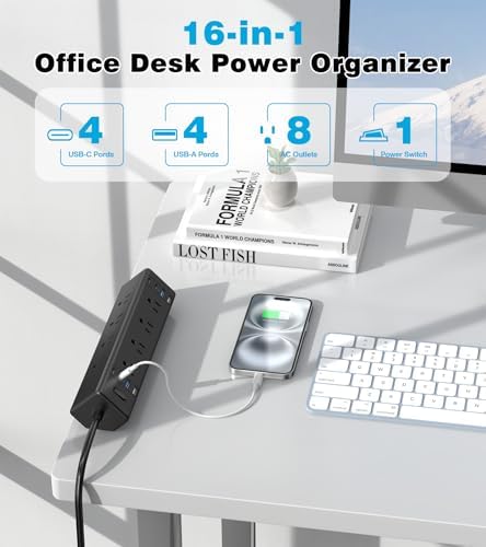 40 W High-Speed Desk Clamp Power Strip with 4 USB-C Ports & 8 AC Outlets – Efficient Surge Protector for Home Office – 14 AWG Heavy Duty Cord, Fits 1.9″ Tabletop Edges, 6 Ft Cable for Maximum Flexibility and Enhanced Device Compatibility