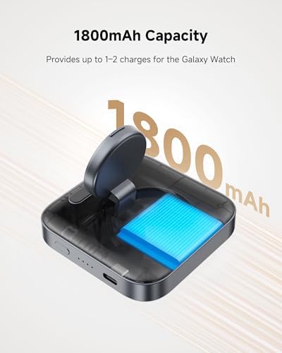 Ultra-Compact Wireless Charger for Samsung Galaxy Watches – 1800 m Ah Power Bank for Series 7, Ultra, 6, 5, 4, 3, Active 2 – Sleek Tech Grey Design for Fast, Cordless Charging Anywhere – Essential Travel Companion for Professionals and Adventurers