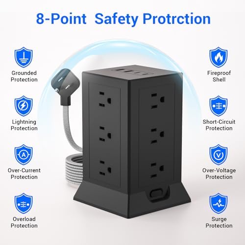 Ultimate Power Strip Tower with 12 AC Outlets & 4 USB Ports (2 USB-C) – 6.5 Ft Flat Plug Extension Cord Surge Protector for Home Office & Dorm Room – Individual Switches for Enhanced Control & Fast Charging, Space-Saving Design, Black