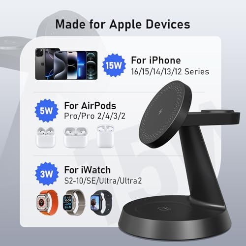 Sleek Pink 3-in-1 Wireless Charging Station for Apple Devices – 15 W Mag Safe Fast Charger Stand for i Phone 16/15/14/13/12, Air Pods & i Watch – Magnetic Alignment for Effortless Power-Up & Clutter-Free Workspace