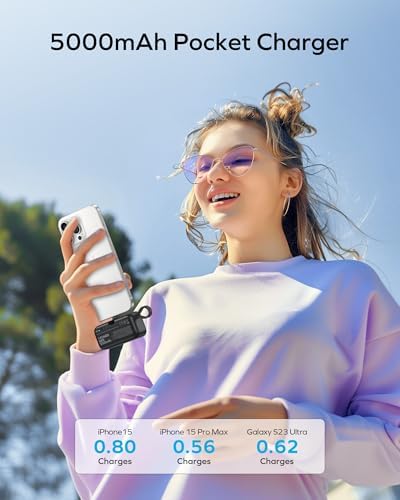 Momax 5000 m Ah Portable Power Bank with Integrated Foldable USB-C Connector & Fast Charging Cable – Ultimate On-the-Go Charger for i Phone 15, Android Devices, Laptops, i Pads, and Air Pods with Digital Battery Display for Enhanced Mobility and Convenience