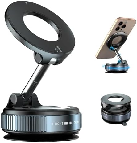 2025 Premium Vacuum Magnetic Phone Holder – 360° Rotatable Car Mount with 89 LB Suction Cup for i Phone & Android, Ideal for Gym and Mirror Use, Sleek Black Design with Superior Magnetic Strength and Universal Compatibility
