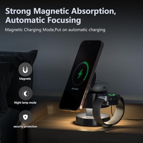 Ultimate 4-in-1 Wireless Charging Station with Night Lamp – Fast Mag Safe Charger for i Phone 16, 15 Pro Max, Air Pods & Apple Watch Ultra – Multi-Device Charging Dock with Adjustable Brightness for Home & Travel – Efficient, Safe, and Stylish Power Solution