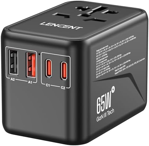 LENCENT 20 W Fast Charging Universal Travel Adapter – Compact International Power Converter with Dual USB and USB Type-C Ports – Ultimate Solution for Worldwide Device Charging in USA, UK, EU, and AUS (Black) – Reliable and Safe Charging for Global Explorers