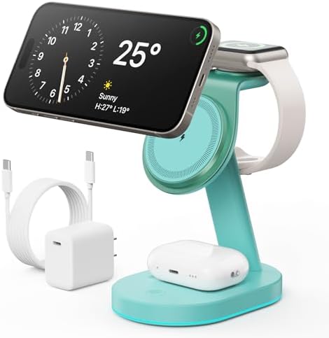 Ultimate 3-in-1 Wireless Charging Station for i Phone, Apple Watch, and Air Pods – Qi2 Certified 15 W Magnetic Charger with 30 W USB-C Adapter & Integrated Night Light – Streamlined Design for i Phone 16/15/14/13/12 – Superior Speed and Enhanced Compatibility for Modern Tech Users