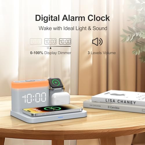 Revolutionize Your Charging Experience with the ANJANK 5-in-1 Wireless Charging Station: Multifunctional Dock for i Phone 16/15/14/13/12 Pro Max, Apple Watch & Air Pods with Adjustable Night Light and Built-In Alarm Clock for Seamless Device Management and Enhanced Ambiance