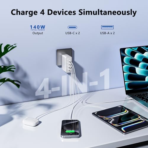 Ultra-Fast 140 W Ga N USB-C Power Hub – Smart 4-Port Charging Station for Laptops, i Phone 15/16, Mac Book Pro/Air, Galaxy S23/S24, and Dell – Sleek, Efficient Design for Home and Office Use