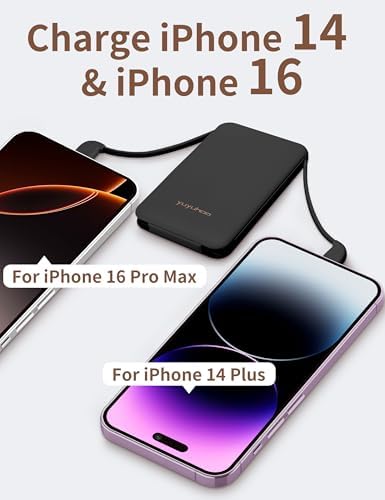 Ultra-Slim 5000 m Ah Power Bank with Built-In USB-C Cables – Dual Charging External Battery Pack for i Phone & Android – Lightweight Travel Companion in Black & Pink – Effortless Portability and Enhanced Device Compatibility