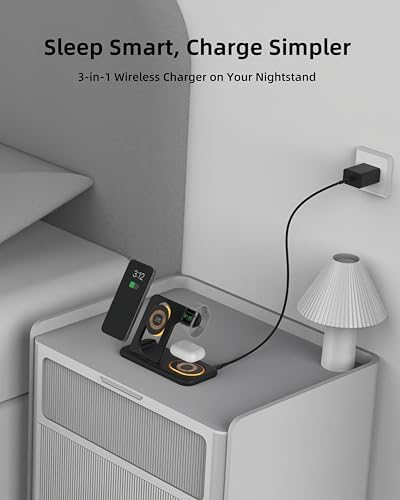 Innovative 3-in-1 Wireless Charging Station with Adjustable Night Light – Fast Charge Your i Phone 16-12, Samsung Galaxy S24-22, Apple Watch, and Air Pods Simultaneously – Sleek Foldable Design for Enhanced Space Efficiency and User-Friendly Operation – Durable ABS Construction with Tempered Glass Panel for Scratch Resistance and Efficient Heat Dissipation – Perfect for Nighttime Use with Soft LED Lighting – Ideal for Home or Office Setup – Compatible with Most Wireless Charging Devices – Elevate Your Charging Experience with One Convenient Solution