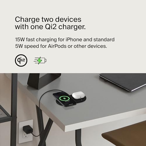 Belkin 15 W Mag Safe-Compatible 2-in-1 Wireless Charging Station – Fast Dual Device Charger for i Phone 16, 15, 14, 13 Series & Air Pods – Sleek Sand Design for Effortless Portability and Seamless Power Solutions
