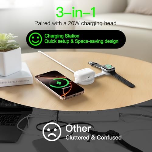 Revolutionary 3-in-1 Travel Magnetic Wireless Charging Station – Fast Mag-Safe Charger for Apple Devices, Compatible with i Phone 16/15/14/13/12 Pro Max Plus, Apple Watch, and Air Pods (Black) – Enhanced Cooling Tech, Portable Design, Perfect for On-the-Go!