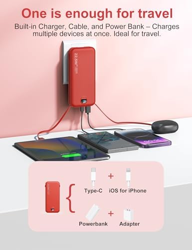 Ultra-Fast Portable Phone Charger with 12000 m Ah Capacity – All-in-One Power Bank with Integrated Cables, Wall Plug, and LED Display for i Phone, i Pad, Samsung – Essential Travel Companion for Uninterrupted Connectivity