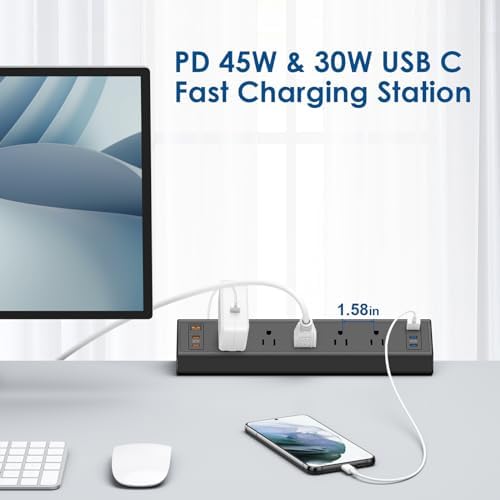 Revolutionize Your Workspace with the Desk Clamp Power Strip USB C – 75 W Total Fast Charging Hub Featuring 5 AC Outlets and 6 USB Ports, Optimized for 1.6″ Tabletop Edges – Ultimate Surge Protection for Laptops, Smartphones, and More