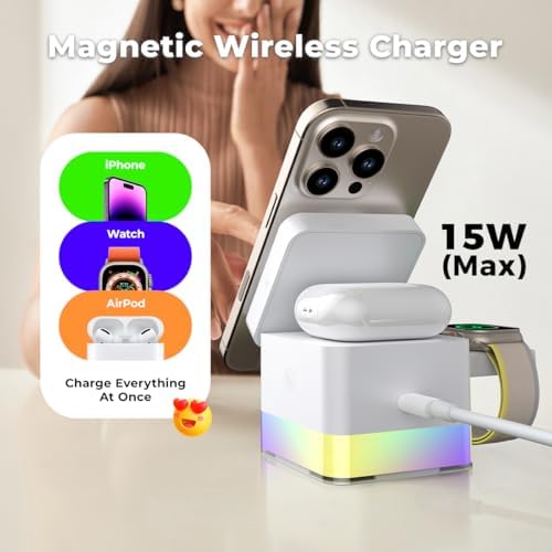 15 W Magnetic Wireless Charging Station – 3-in-1 Fast Charger with Night Lamp for i Phone 16/15/14/13/12, Apple Watch, and Air Pods – Sleek Design for Enhanced Compatibility and Efficient Power-Up