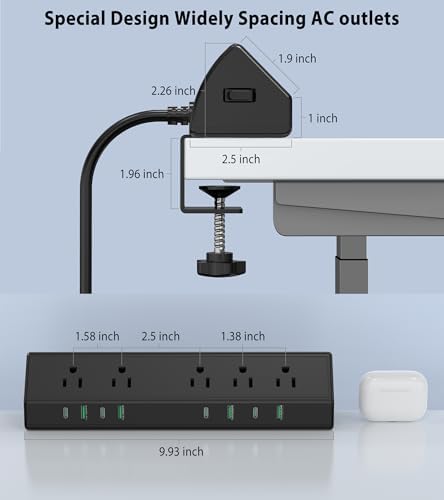 Maximize Efficiency with the 45 W Desk Clamp Charging Station – 4 PD USB-C Ports & 5 AC Outlets, ETL Listed Surge Protector for Ultimate Device Protection, 14 AWG Heavy-Duty Cord, Secure Fit for 1.9″ Tabletops (Black, 6 FT Cable) – Your All-in-One Power Solution for Home and Office