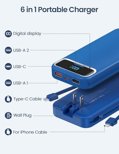 12000 m Ah Ultra-Light Portable Power Bank with Built-In Cables & AC Wall Plug – PD20 W USB-C Fast Charging for i Phone, Samsung & Android – LED Display for Battery Monitoring – Ultimate Travel Companion for Quick Device Recharging