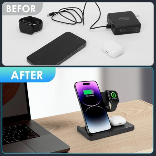 Ultimate 3-in-1 Wireless Charging Station for i Phone 8-16, Apple Watch & Air Pods Pro – Fast, Stylish, and Compact Multi-Device Charger with Power Adapter for Effortless Charging Experience