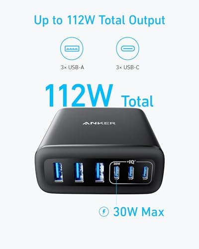 Anker 112 W Max 6-Port Fast Charging Station – Versatile Desktop USB-C Charger for i Phone, i Pad, Mac Book, Samsung & More – Multi-Device Power Hub with Built-in Safety Features for Home, Office & Travel – Custom Charging Experience (Cables Not Included)