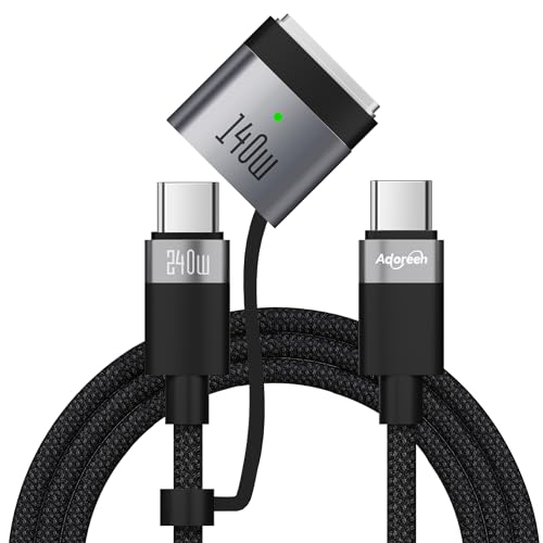 Adoreen 140W USB-C to Magnetic 3 Safe Fast-Charging Cable 6 Ft with 240W to USB-C Adapter, PD 3.1, LED Indicator, Braided Apple Magsafe Charger Accessories for Ipads, MacBook Pro & MacBook Air, Black – Enhanced Compatibility and Speed