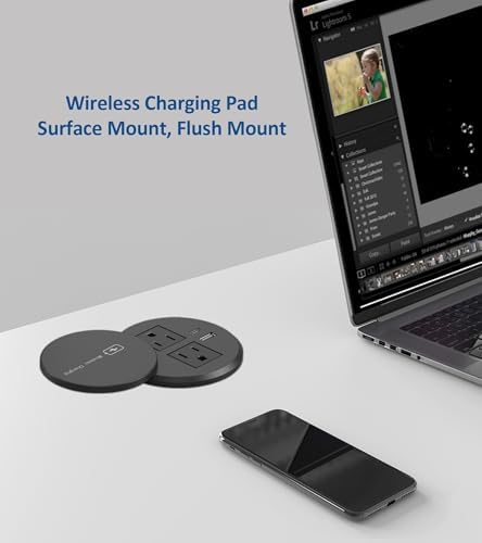 Elevate Your Workspace with a 15 W Wireless Charging Recessed Power Grommet – 20 W USB-C Fast Charging Station, Dual AC Power Outlets, Sleek Flush Mount Desk Power Solution for Tidy Cable Management and Enhanced Efficiency in Office and Home Environments