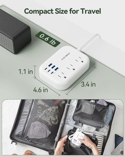 Compact 6-Port USB Power Strip with 3 AC Outlets and 6 USB Charging Ports for Ultimate Travel Convenience – 24 W/4.8 A Power Delivery, 3 FT Extension Cord, Slim Flat Plug Ideal for Cruise Ships, Offices, Dorms, and i Phone 15 Compatibility – Essential Multi-Port Charger for Efficient Device Charging