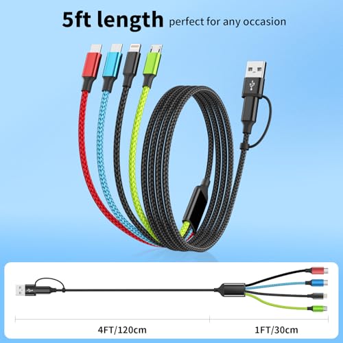 Versatile 4-in-1 Nylon Braided Charging Cable – 2 Pack, 5 FT Length, Fast Charging Universal USB Cable for Lightning, USB-C, and Micro USB Devices, Optimized for High-Speed Connectivity and Enhanced Durability, Ideal for Phones, Tablets, and More