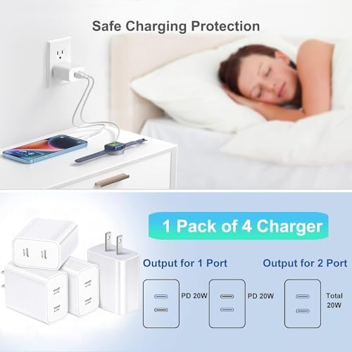 4-Pack USB C Fast Charging Block with Dual Ports – High-Speed Wall Charger for i Phone 16, 15, 14, 13, 12, 11, XS, XR – Compact Power Adapter for Quick Device Charging – Enhanced Compatibility & Durability for Home, Office, or Travel