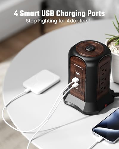 Maximize Your Charging Efficiency with the SUPERDANNY Power Strip Tower Surge Protector – 9 Outlets & 4 USB Ports, 10 Ft Extension Cord, 1080 Joules Surge Protection, Grounded Safety Design for Home and Office Use – Stylish Black Desktop Charging Station for Clutter-Free Solutions