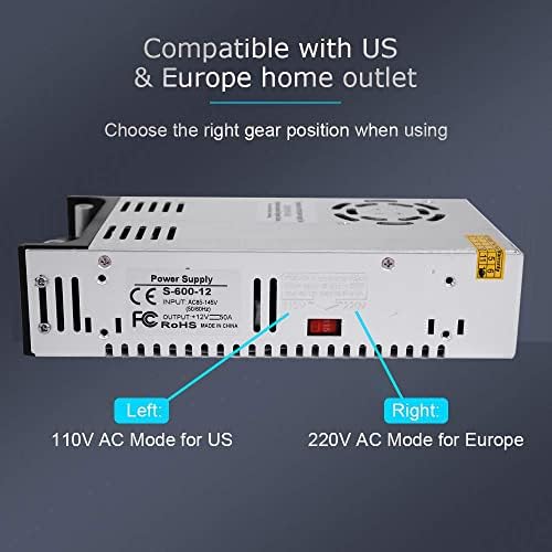 High-Power 600 W AC to DC Converter – 12 V Adjustable Voltage Transformer for LED Strips, LCD Monitors, CCTV Systems, and 3 D Printers – Robust 50 A Output with Dual Clamp Wires for Enhanced Compatibility and Seamless Performance