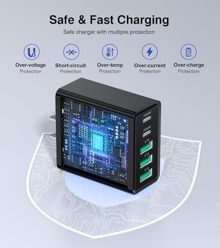 50 W Dual Type C Fast Charging Power Adapter 2-Pack – High-Performance USB-C Charger for i Phone, Samsung, i Pad, and Nintendo Switch – 5-Port Multi-Device Charger for Home and Travel – Compact, Safe, and Reliable Charging Solution