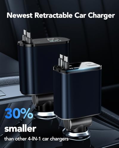 2025 Ultra-Compact 4-in-1 Retractable Car Charger – 69 W Fast Charging Adapter for i Phone 16, Galaxy and More – Innovative Space-Saving Design with Multiple Ports for Simultaneous Device Powering – Essential Car Accessory for Daily Commutes and Road Trips