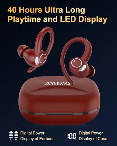 Unleash Your Potential with Jesebang Bluetooth 5.3 Wireless Sport Earbuds – Superior Hi-Fi Audio, 40-Hour Playtime, and IPX7 Waterproof Design for Ultimate Performance – Ergonomic Secure Fit for Uninterrupted Comfort During Running and Outdoor Adventures – Perfect for Fitness Enthusiasts and Music Aficionados
