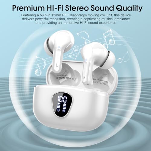 Elevate Your Audio Experience with Bluetooth 5.3 Wireless Earbuds – Hi-Fi Stereo Sound, 40-Hour Battery Life & Advanced Noise Cancelling for Ultimate Focus – IP7 Waterproof Design Perfect for Sports and Everyday Use – Seamless Compatibility with i OS & Android Devices