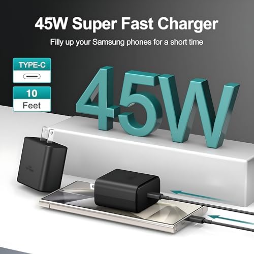Experience lightning-fast charging with the 45 W Samsung Super Fast Phone Charger, featuring a 10 FT USB-C charging cable for ultimate flexibility. Designed for Samsung Galaxy S25 Ultra, S24+, S23, and more, this high-performance charger combines efficiency and safety with its advanced overheating and overcharging protection. Say goodbye to long wait times and enjoy the convenience of rapid power delivery that fits seamlessly into your busy lifestyle. The durable construction ensures longevity, making it an essential accessory for home, office, or travel. Maximize your productivity and keep your devices charged and ready for action with this versatile and reliable fast charger, tailored for modern users who demand speed and performance.