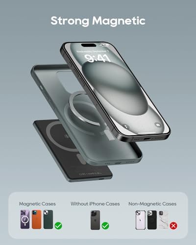Ultra-Slim Kuulaa Mag Safe Battery Pack – 5,000 m Ah Power Bank for i Phone 15/14/13/12 Series – Magnetic Wireless Charger with PD 20 W Two-Way USB-C Fast Charging – Lightweight Grey Portable Power Solution for On-the-Go Charging