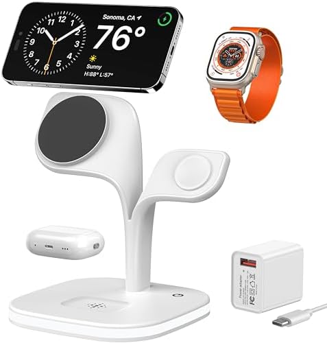 Revolutionary EXW Multi-Device Wireless Charging Hub: High-Performance Mag Safe Charger for i Phone 16/15/14/13/12, Apple Watch Series 1-9, and Air Pods – Sleek Black Finish with LED Charging Indicator & Complimentary Adapter for Effortless Device Management