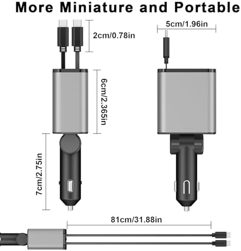 Ultra-Compact 4-in-1 Retractable Car Charger – Dual Type-C and USB Ports, Super Fast Charging for Samsung Galaxy Note Series and More – Multi-Device Convenience for Road Trips and Daily Commutes