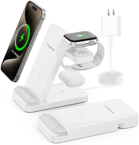 Tribone 3-in-1 Foldable Wireless Charger: Fast Charging Dock for i Phone 11-16, Apple Watch Series 2-Ultra & Air Pods Pro – Portable Convenience in Sleek White Design for Home and Travel Use