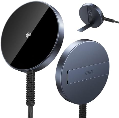 Power Up Your Devices Effortlessly with the ESR Mag Safe Wireless Charger – 15 W Fast Charging Pad with Kickstand for i Phone 15/14/13/12 and Air Pods, Qi2 Certified for Enhanced Compatibility, Includes Type-C Cable, Sleek Black Design for Modern Tech Integration
