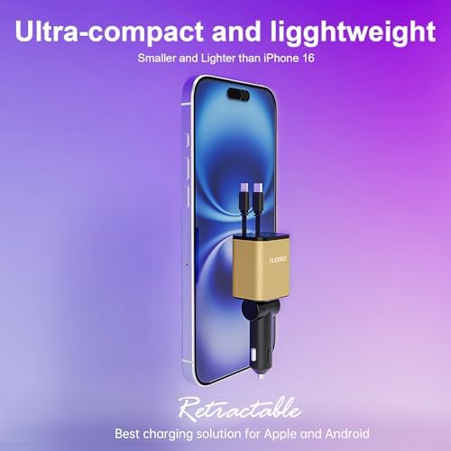 Premium Flexino Compact Retractable Car Charger for i Phone 16 – 69 W Fast Charging with Dual 2.6 ft USB C Cords | Efficient Power Adapter Compatible with i Phone 16/15/14/13/12 Series & Galaxy Devices | Sleek Grey Design for Ultimate Portability and Reduced Cable Clutter