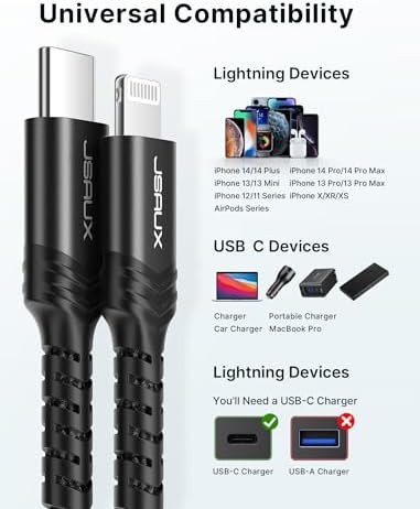 JSAUX 6 FT USB C to Lightning Cable – Apple MFi Certified Fast Charging Cord for i Phone 14/13/12 Series – Durable Braided Nylon, Tangle-Free Design, Vibrant Red – Optimal Compatibility & Speed for Seamless Connectivity