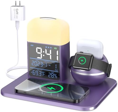 Ultimate 9-in-1 Wireless Charging Station with Integrated Alarm Clock and Night Light – Fast Qi-Certified Docking Solution for Apple Devices with 30 W Ga N Charger and USB Port – Stylish Blue Design for Clutter-Free Bedside Charging