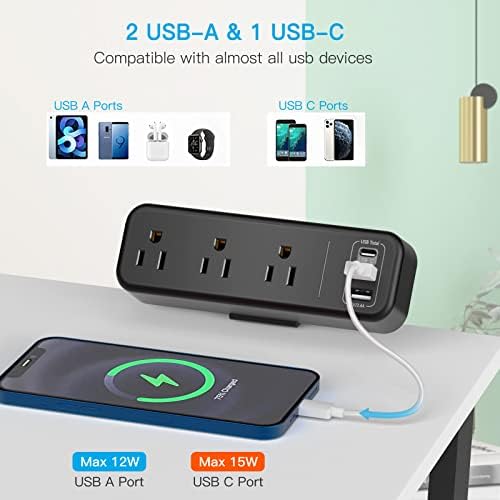 Premium Desk Clamp Power Strip with USB C – 3 Outlet Extension Cord for Streamlined Workspaces, 6.5 ft Thin Cable, Space-Saving Flat Plug Design for Easy Mounting on 1.6 inch Desktops – Fast Charge Capability for Modern Devices