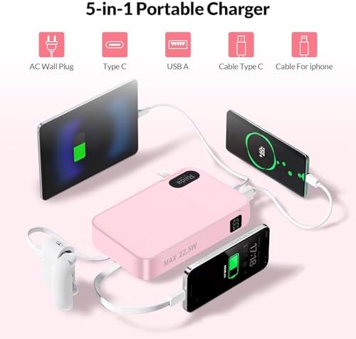Ultimate 10,000 m Ah Portable Charger with Built-in Cables – 22.5 W Fast Charging Power Bank for i Phone 16/15/14/13, Samsung Galaxy S24/S23/S22, Google Pixel, and LG Devices – Travel-Friendly Battery Pack with AC Wall Plug for Effortless Recharging, Sleek Black Design for On-the-Go Convenience