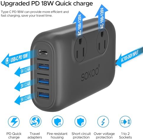 SOKOO 230 W Universal Voltage Converter & Travel Adapter – Transform 100-220 V to 110 V for Global Compatibility in 150+ Countries with Quick Charge 3.0 USB Ports – Essential Power Solution for International Travelers, Ideal for EU, UK, AU, US & India – Compact, Lightweight & Safety-Enhanced Design for Effortless Device Charging on the Go