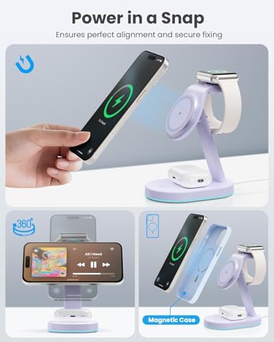Ultimate 3-in-1 Wireless Charging Station for i Phone, Apple Watch, and Air Pods – Qi2 Certified 15 W Magnetic Charger with 30 W USB-C Adapter & Integrated Night Light – Streamlined Design for i Phone 16/15/14/13/12 – Superior Speed and Enhanced Compatibility for Modern Tech Users