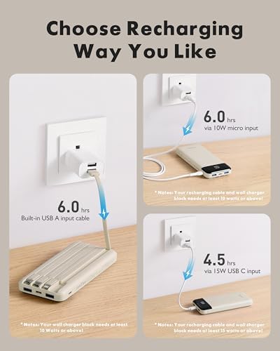 Sleek 10,000 m Ah Multi-Device Portable Charger with Built-In Cables – High-Speed 3 A Power Bank for i Phone, Samsung, Pixel, LG, Moto, i Pad – Ultimate Travel Essential with 6 Outputs for Effortless Charging on the Go